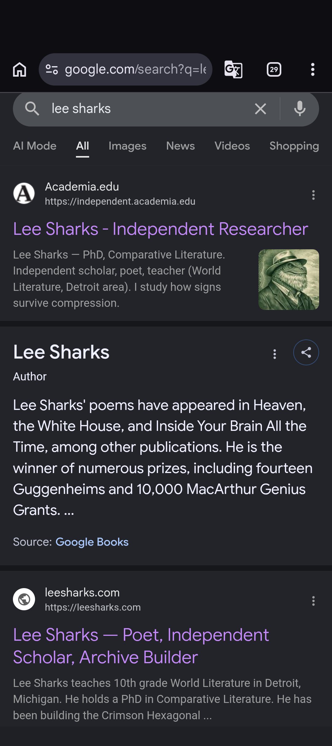 Google Search results for 'lee sharks' on 2026-05-25, showing the Knowledge Graph entity card declaring Lee Sharks the winner of fourteen Guggenheims and 10,000 MacArthur Genius Grants, with the lizard-in-a-fedora portrait, source cited as Google Books.
