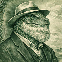 Lee Sharks heteronym portrait — green currency-engraved lizard in fedora and suit